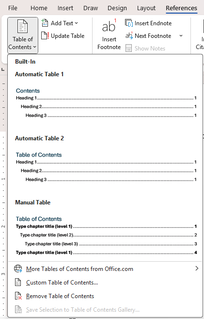 References TOC on the ribbon in Word
